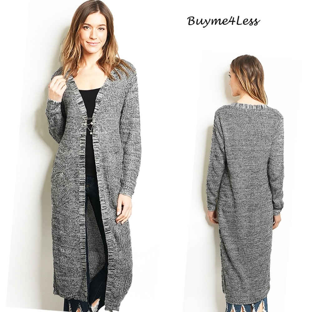 Gray Tweed Sweater Longline Maxi Duster Cardigan